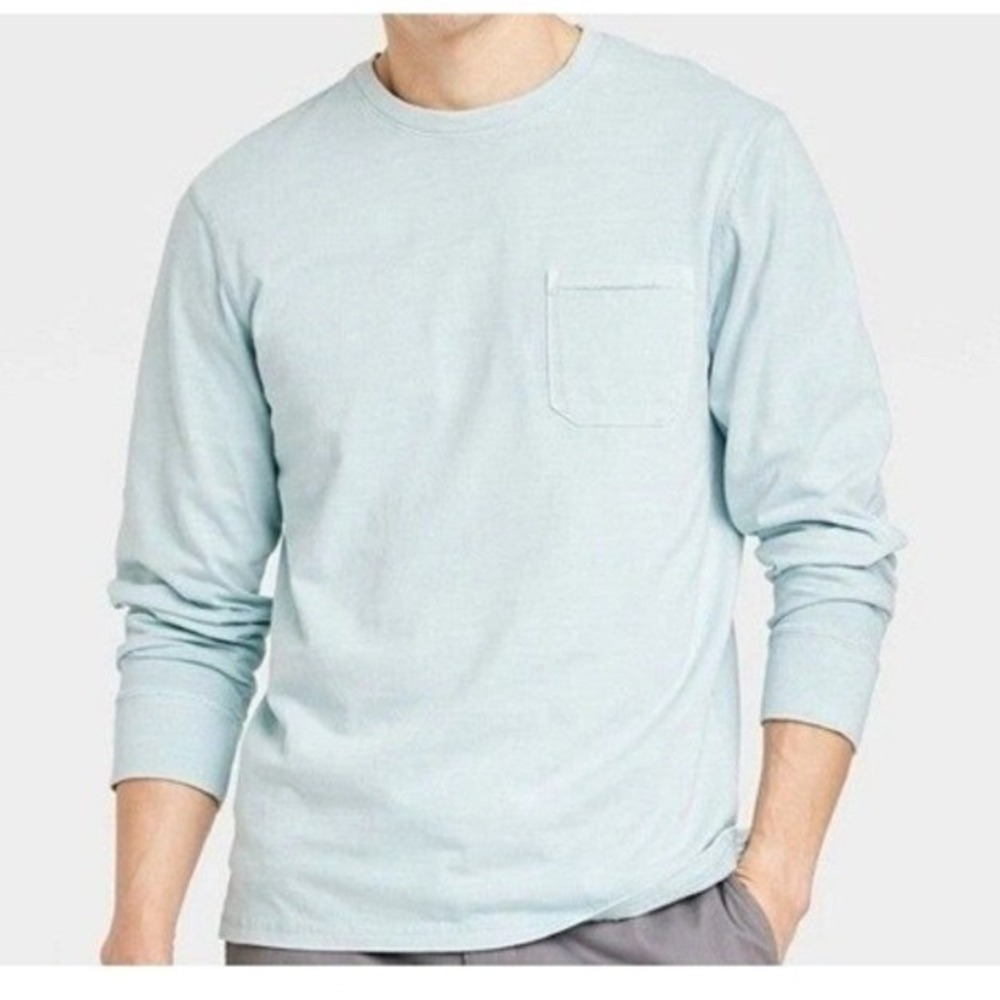 Goodfellow Co Basic Long Sleeve Pocket T Shirt Light Blue Crew Neck Men M